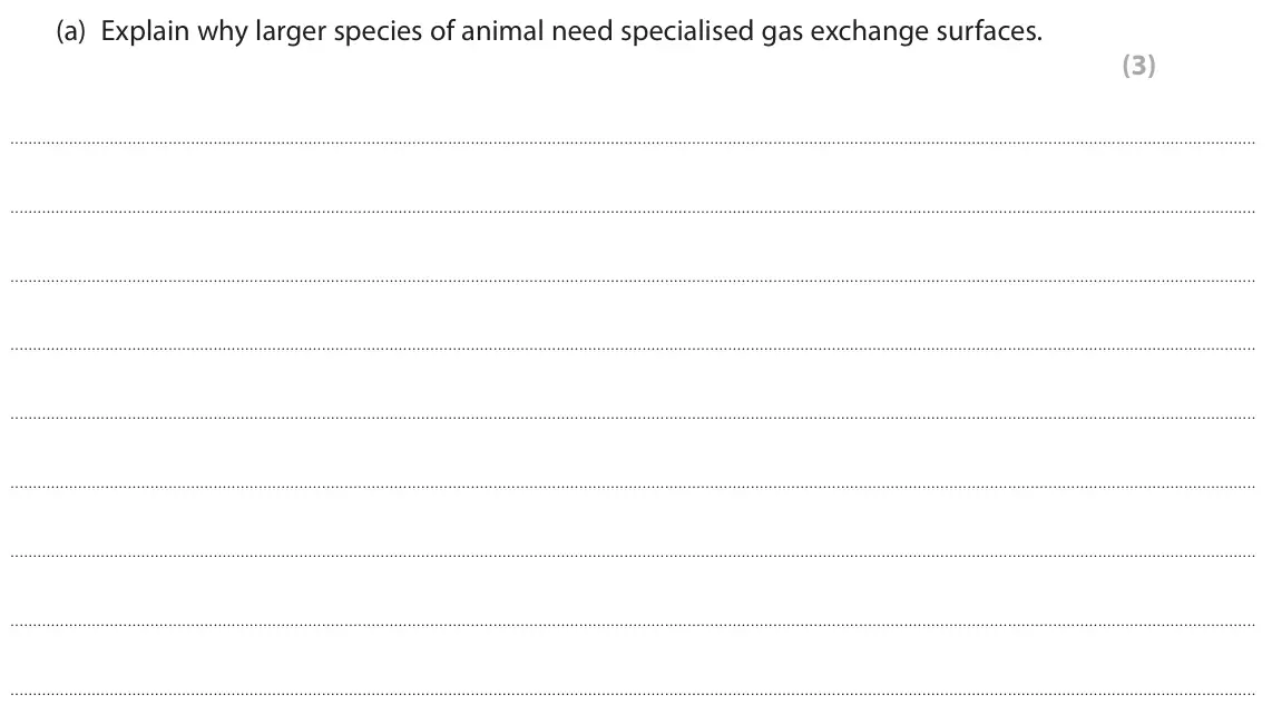 June 2025 AS Paper 2, question 8(a): Explain why larger species of animal need specialised gas exchange surfaces. (3)