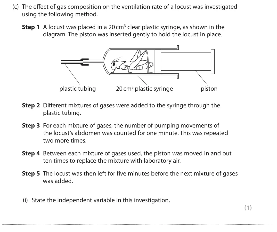 June 2025 AS Paper 2, question 8(c)(i): State the independent variable in this investigation. (1)