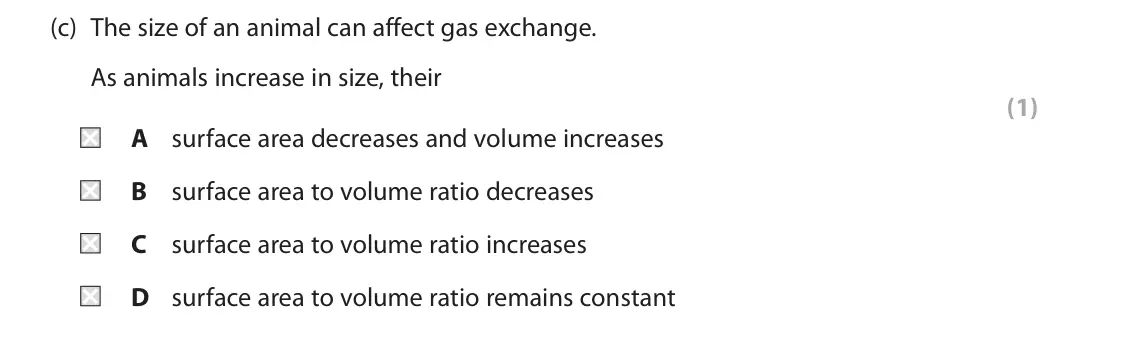 October 2020 AS Paper 2, question 2(c): The size of an animal can affect gas exchange. As animals increase in size, their (1) A surface area decreases and volume increases B surface area to volume rat