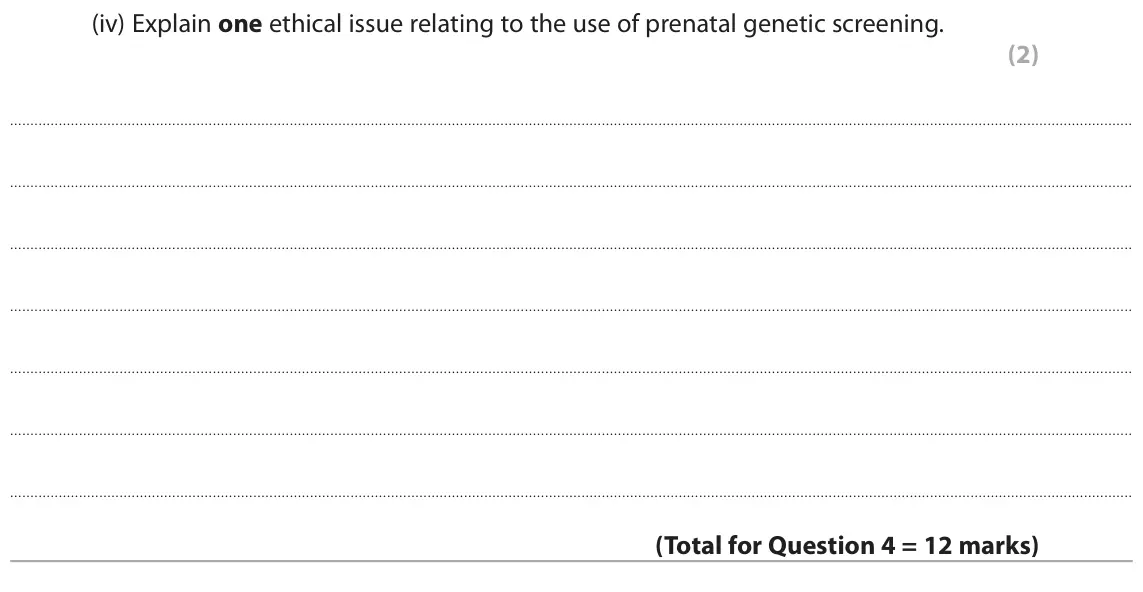 June 2018 AS Paper 1, question 4(b)(iv): Explain one ethical issue relating to the use of prenatal genetic screening. (2)