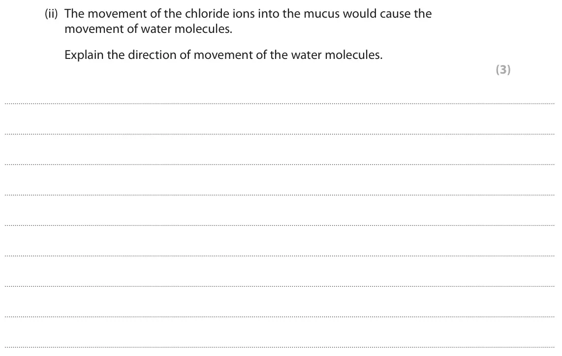 June 2022 AS Paper 1, question 5(b)(ii): The movement of the chloride ions into the mucus would cause the movement of water molecules. Explain the direction of movement of the water molecules. (3)
