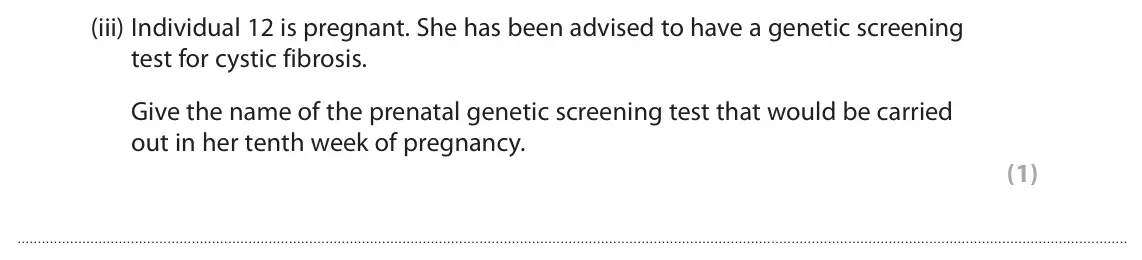 June 2022 AS Paper 1, question 5(c)(iii): Individual 12 is pregnant. She has been advised to have a genetic screening test for cystic fibrosis. Give the name of the prenatal genetic screening test that