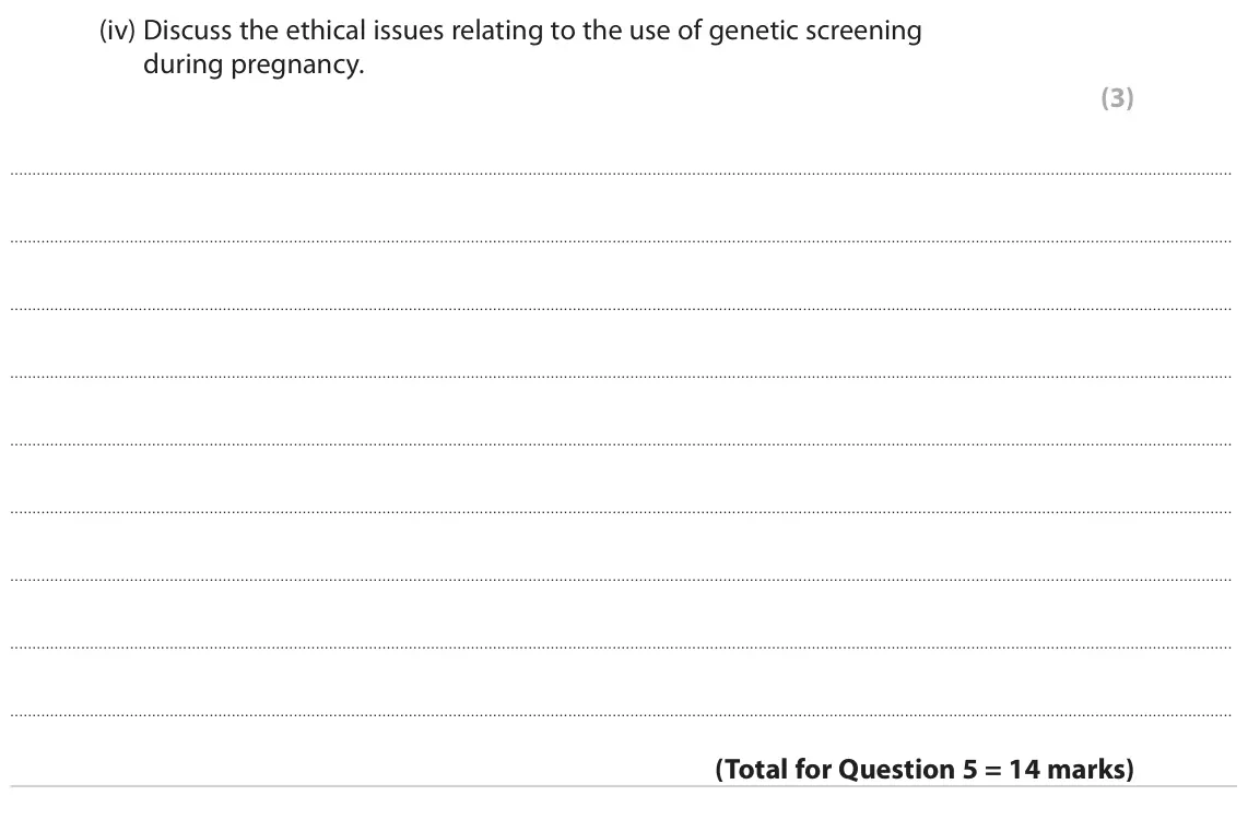 June 2022 AS Paper 1, question 5(c)(iv): Discuss the ethical issues relating to the use of genetic screening during pregnancy. (3)