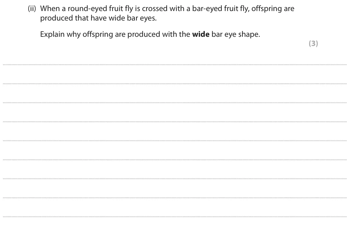 June 2023 AS Paper 1, question 4(a)(ii): When a round‑eyed fruit fly is crossed with a bar‑eyed fruit fly, offspring are produced that have wide bar eyes. Explain why offspring are produced with the wi