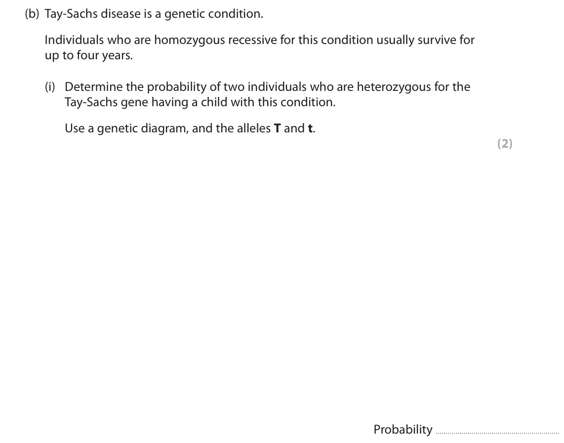 June 2023 AS Paper 1, question 4(b)(i): Determine the probability of two individuals who are heterozygous for the Tay‑Sachs gene having a child with this condition. Use a genetic diagram, and the alle