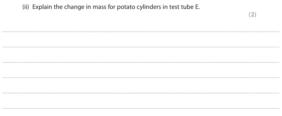 June 2023 AS Paper 1, question 8(a)(ii): Explain the change in mass for potato cylinders in test tube E. (2)