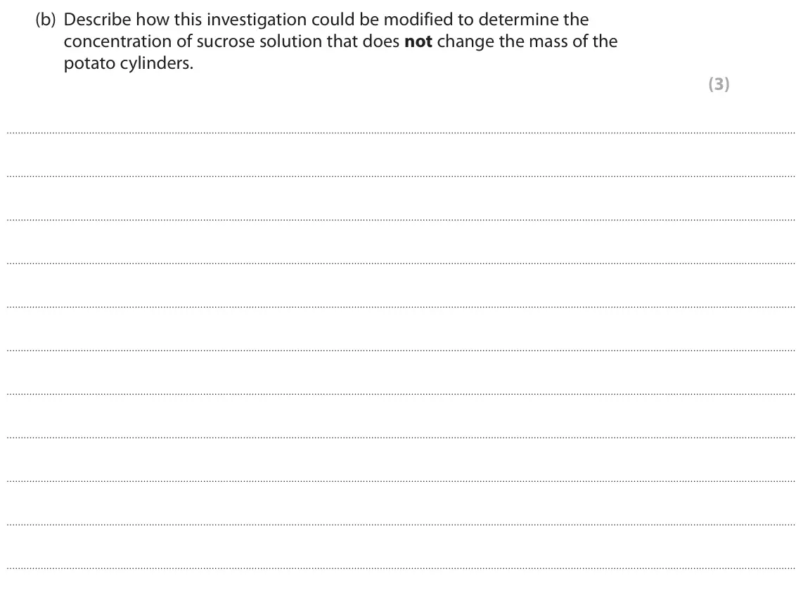 June 2023 AS Paper 1, question 8(b): Describe how this investigation could be modified to determine the concentration of sucrose solution that does not change the mass of the potato cylinders. (3)
