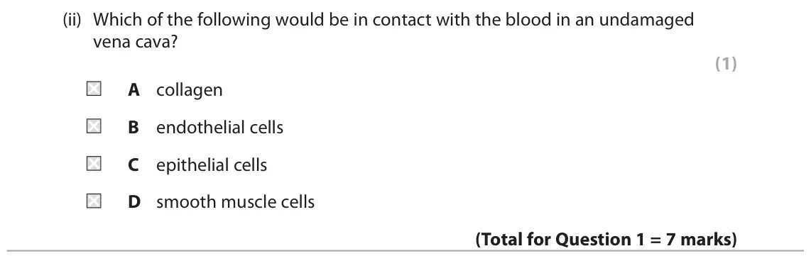 June 2024 AS Paper 1, question 1(b)(ii): Which of the following would be in contact with the blood in an undamaged vena cava? (1) A collagen B endothelial cells C epithelial cells D smooth muscle cells