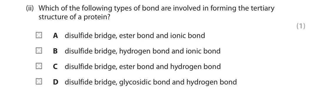 June 2024 AS Paper 1, question 3(b)(ii): Which of the following types of bond are involved in forming the tertiary structure of a protein? (1) A disulfide bridge, ester bond and ionic bond B disulfide 