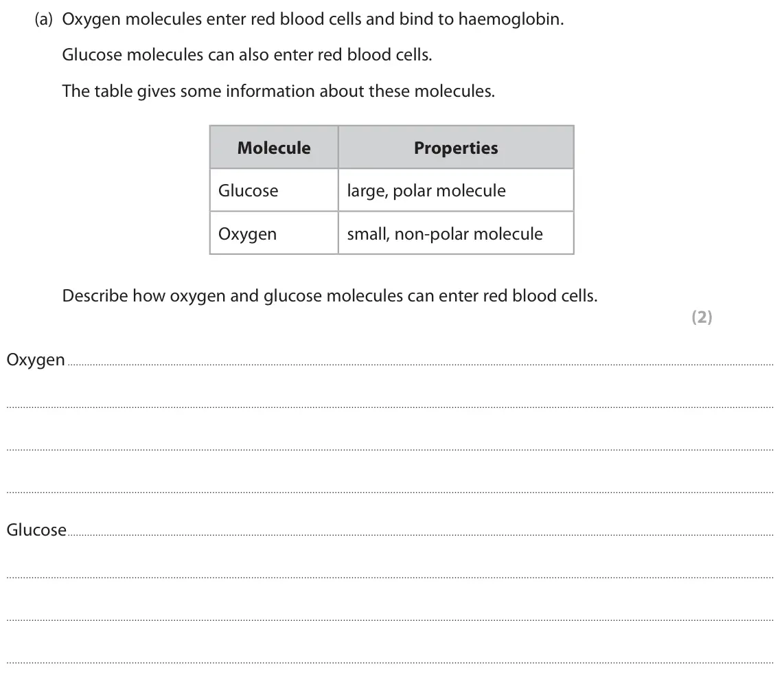 June 2024 AS Paper 1, question 4(a): Oxygen molecules enter red blood cells and bind to haemoglobin. Glucose molecules can also enter red blood cells. The table gives some information about these m