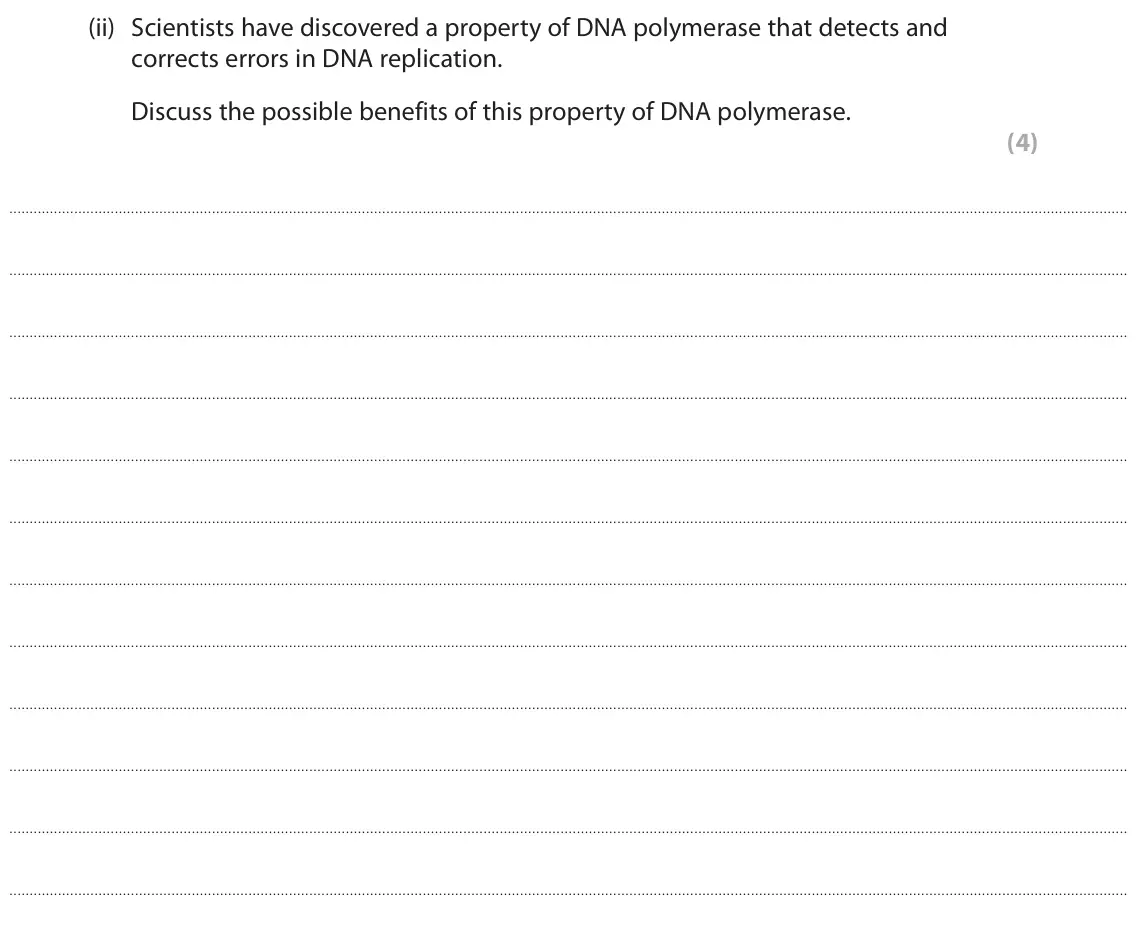 June 2024 AS Paper 1, question 5(a)(ii): Scientists have discovered a property of DNA polymerase that detects and corrects errors in DNA replication. Discuss the possible benefits of this property of D