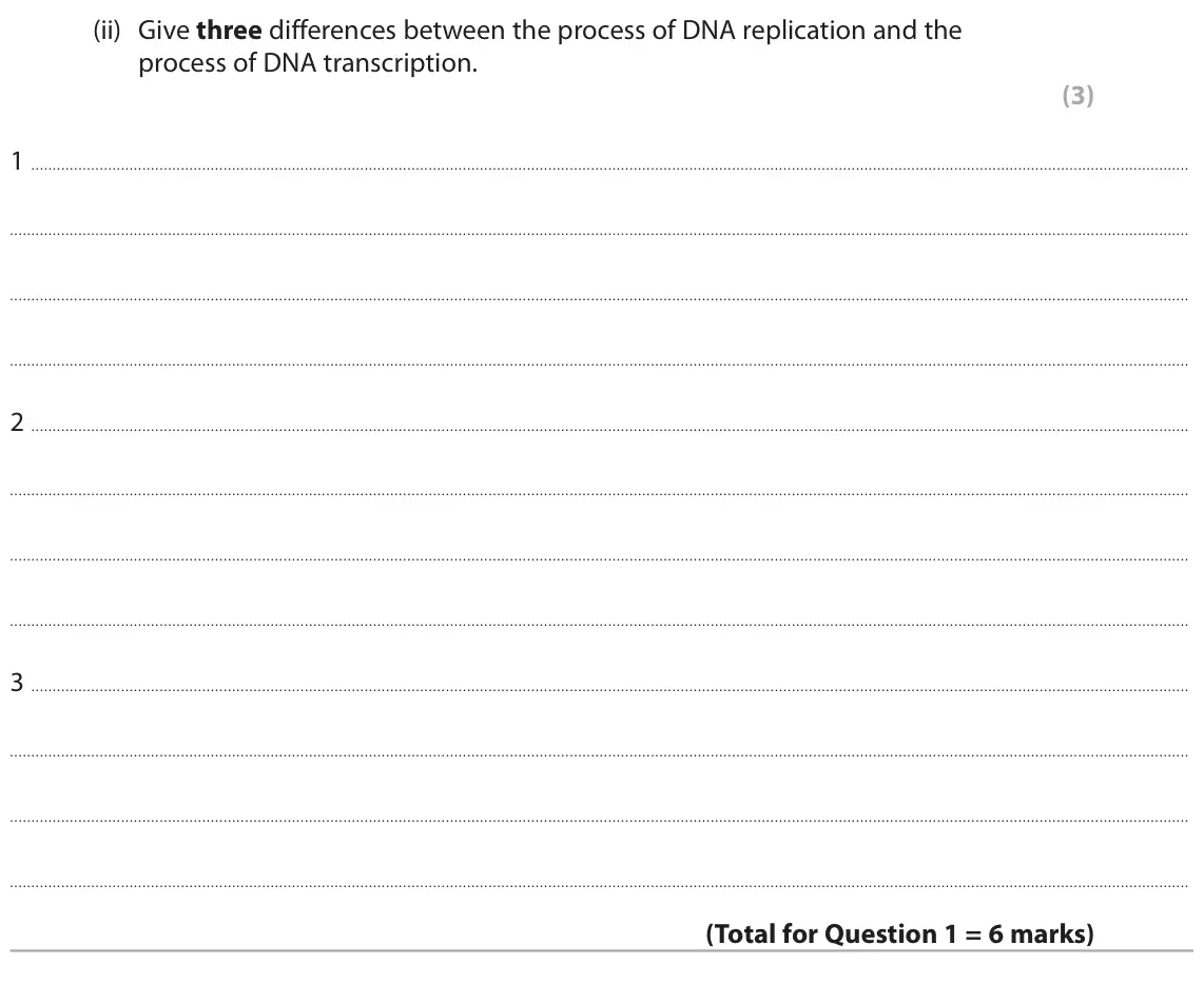 June 2025 AS Paper 1, question 1(b)(ii): Give three differences between the process of DNA replication and the process of DNA transcription. (3) 1 2 3