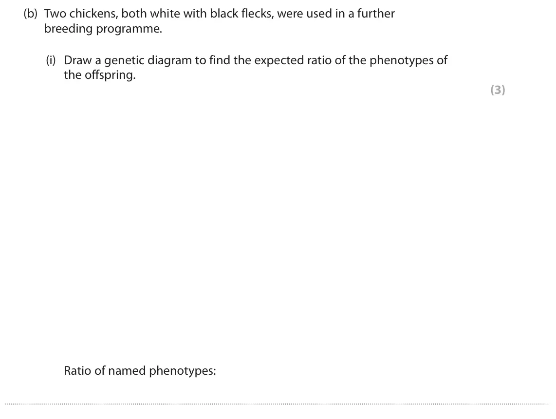 June 2025 AS Paper 1, question 3(b)(i): Draw a genetic diagram to find the expected ratio of the phenotypes of the offspring. (3) Ratio of named phenotypes: