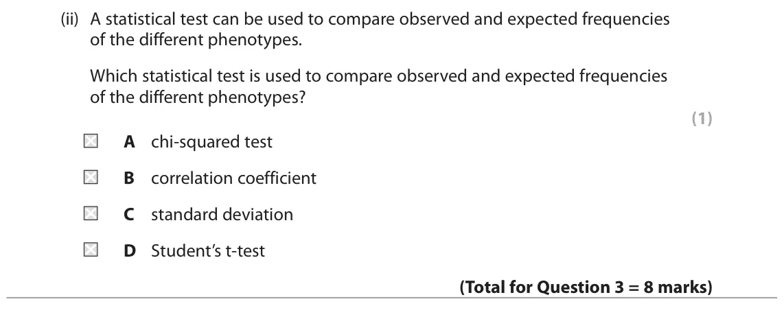 June 2025 AS Paper 1, question 3(b)(ii): A statistical test can be used to compare observed and expected frequencies of the different phenotypes. Which statistical test is used to compare observed and