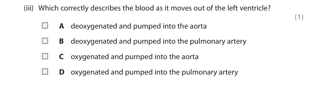 June 2025 AS Paper 1, question 5(a)(iii): Which correctly describes the blood as it moves out of the left ventricle? (1) A deoxygenated and pumped into the aorta B deoxygenated and pumped into the pulmo