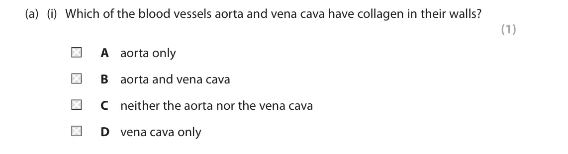 June 2025 AS Paper 1, question 6(a)(i): Which of the blood vessels aorta and vena cava have collagen in their walls? (1) A aorta only B aorta and vena cava C neither the aorta nor the vena cava D vena