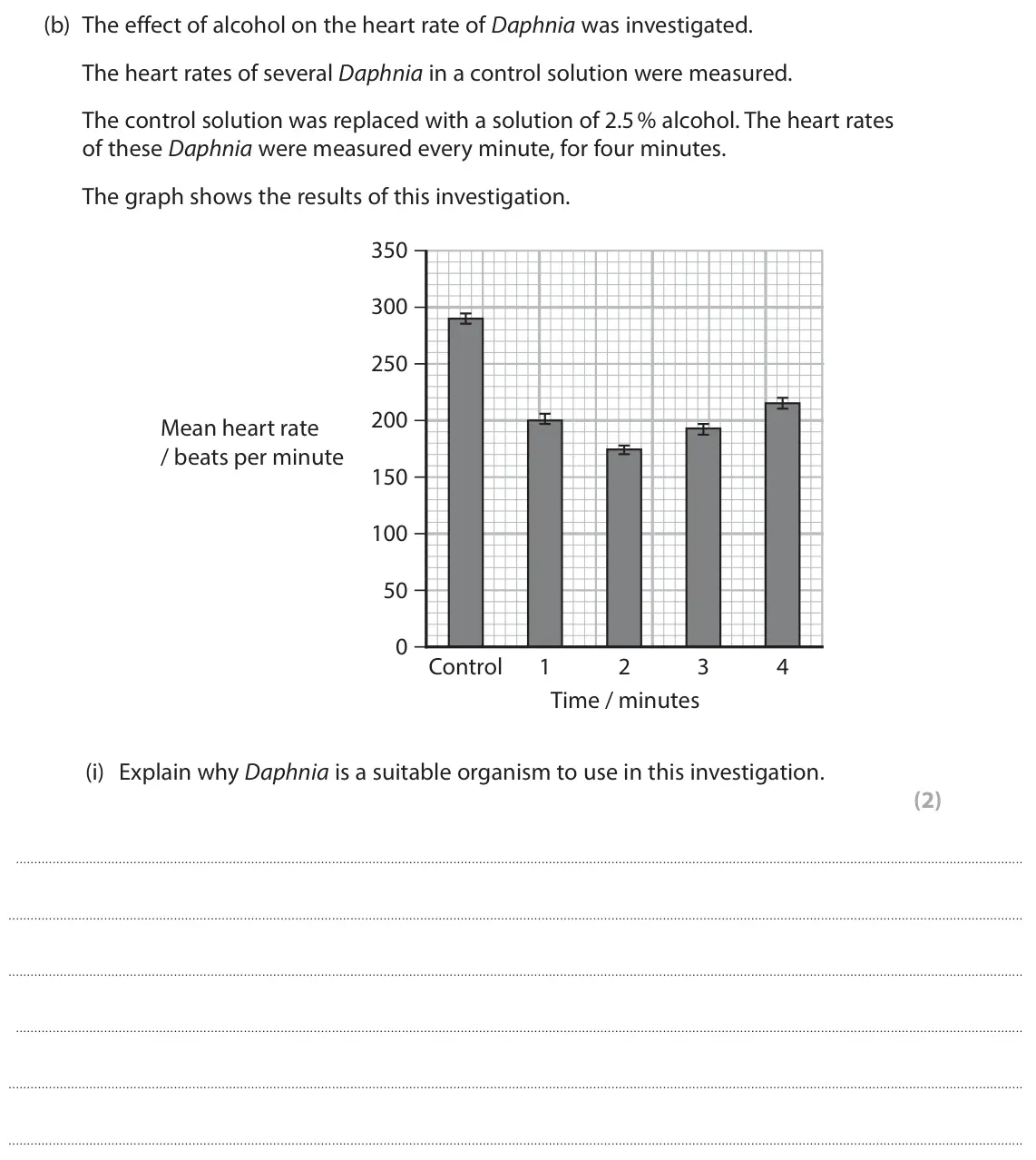 June 2025 AS Paper 1, question 7(b)(i): Explain why Daphnia is a suitable organism to use in this investigation. (2)