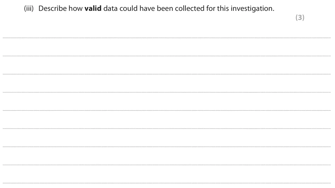 June 2025 AS Paper 1, question 7(b)(iii): Describe how valid data could have been collected for this investigation. (3)