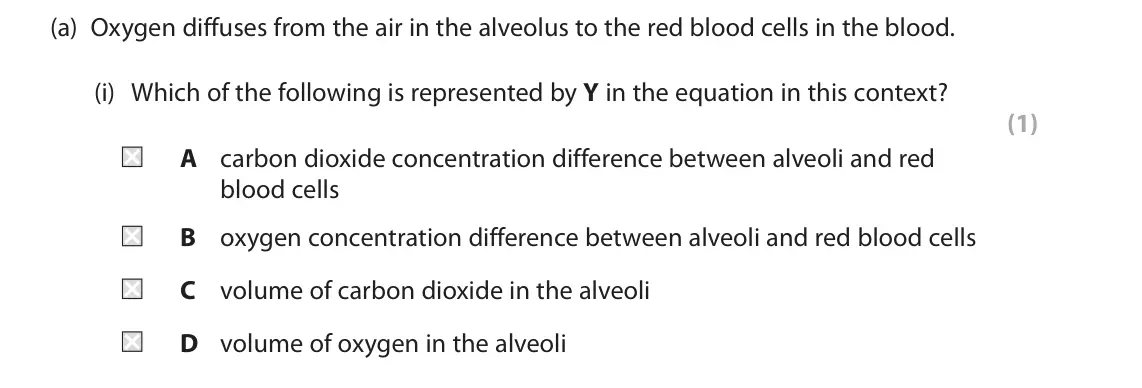 June 2025 AS Paper 1, question 8(a)(i): Which of the following is represented by Y in the equation in this context? (1) A carbon dioxide concentration difference between alveoli and red blood cells B