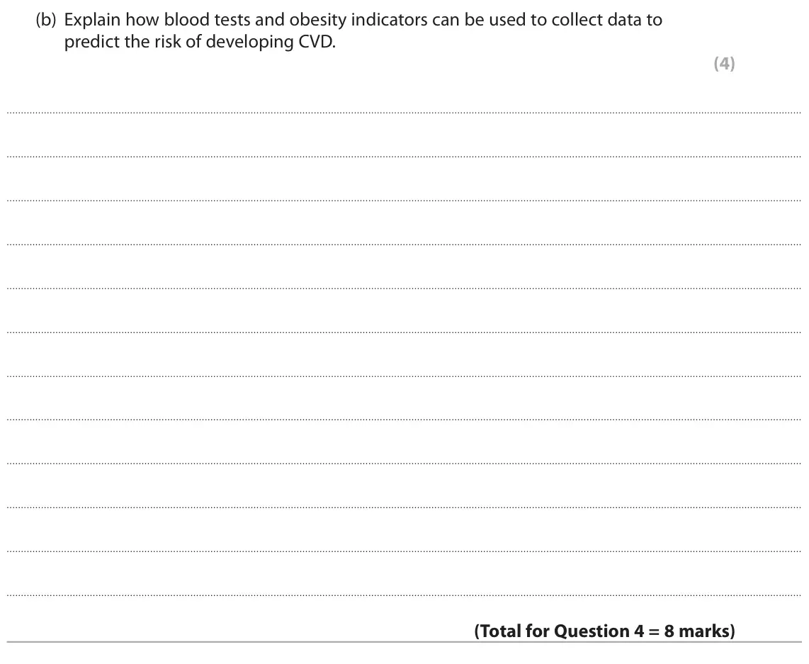 November 2021 AS Paper 1, question 4(b): Explain how blood tests and obesity indicators can be used to collect data to predict the risk of developing CVD. (4)