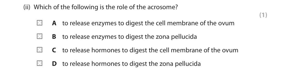 June 2022 AS Paper 2, question 3(a)(ii): Which of the following is the role of the acrosome? (1) A to release enzymes to digest the cell membrane of the ovum B to release enzymes to digest the zona pel