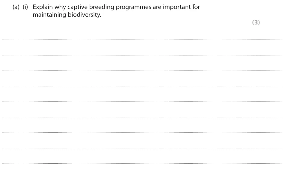 June 2022 AS Paper 2, question 6(a)(i): Explain why captive breeding programmes are important for maintaining biodiversity. (3)