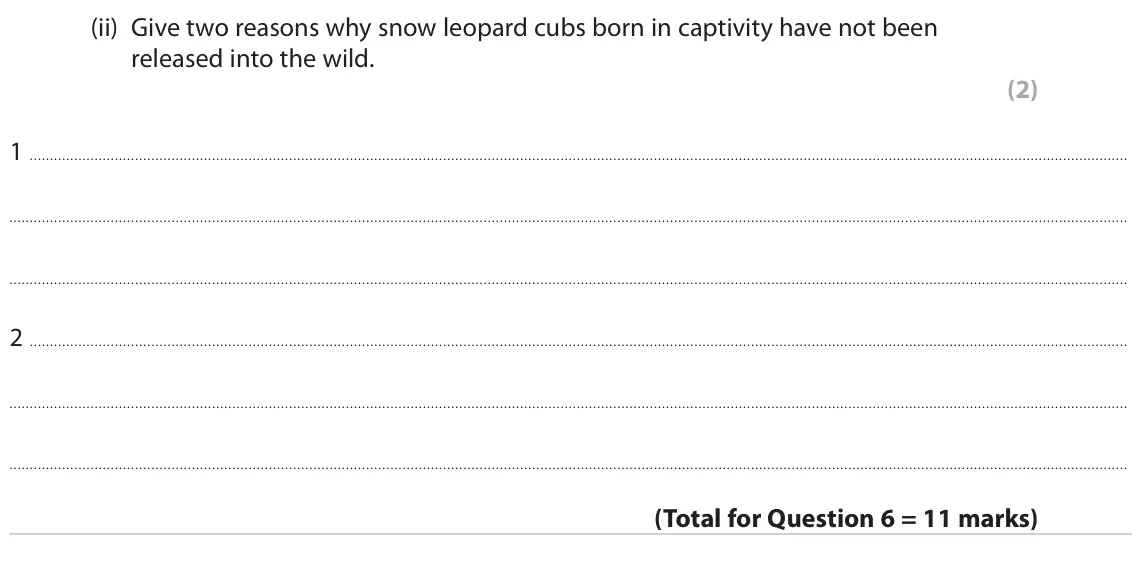 June 2022 AS Paper 2, question 6(b)(ii): Give two reasons why snow leopard cubs born in captivity have not been released into the wild. (2) 1 2