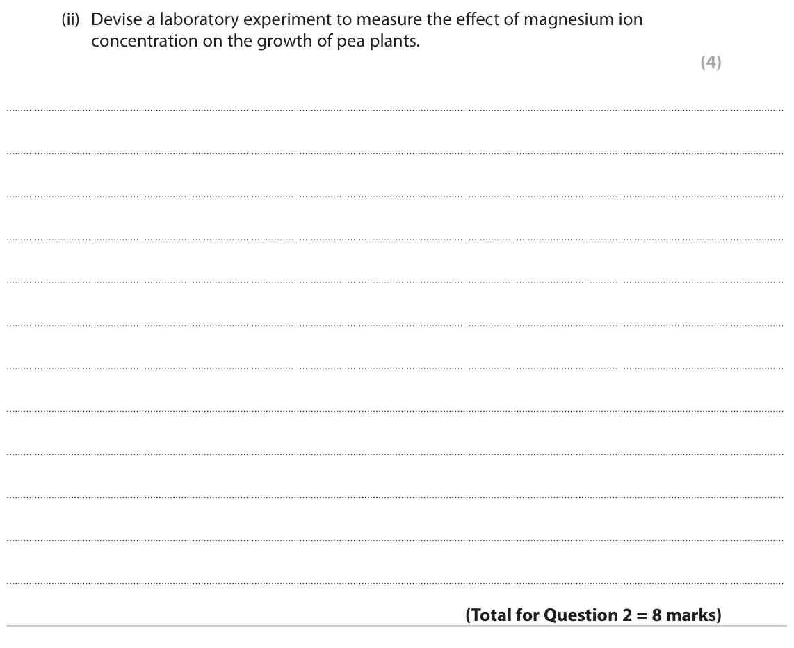 June 2023 AS Paper 2, question 2(b)(ii): Devise a laboratory experiment to measure the effect of magnesium ion concentration on the growth of pea plants. (4)