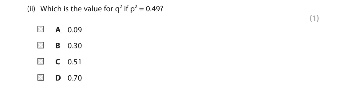 June 2023 AS Paper 2, question 3(a)(ii): Which is the value for q2 if p2 = 0.49? (1) A 0.09 B 0.30 C 0.51 D 0.70