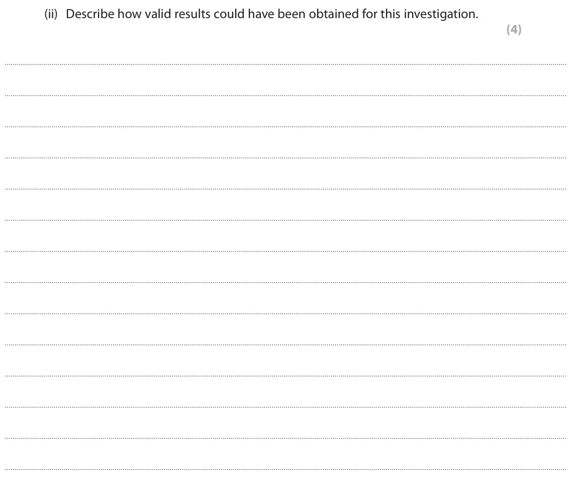 June 2023 AS Paper 2, question 6(a)(ii): Describe how valid results could have been obtained for this investigation. (4)