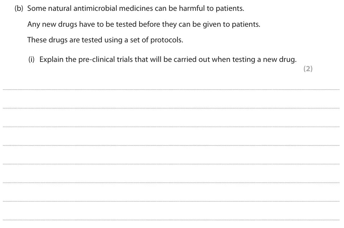 June 2023 AS Paper 2, question 6(b)(i): Explain the pre-clinical trials that will be carried out when testing a new drug. (2)