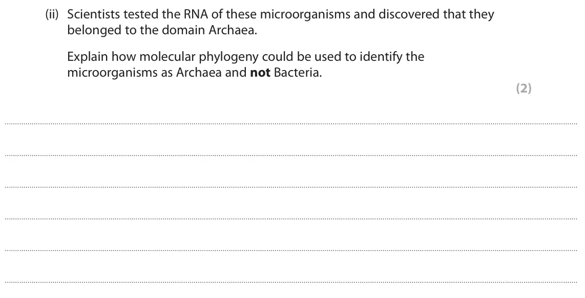 June 2023 AS Paper 2, question 7(a)(ii): Scientists tested the RNA of these microorganisms and discovered that they belonged to the domain Archaea. Explain how molecular phylogeny could be used to iden