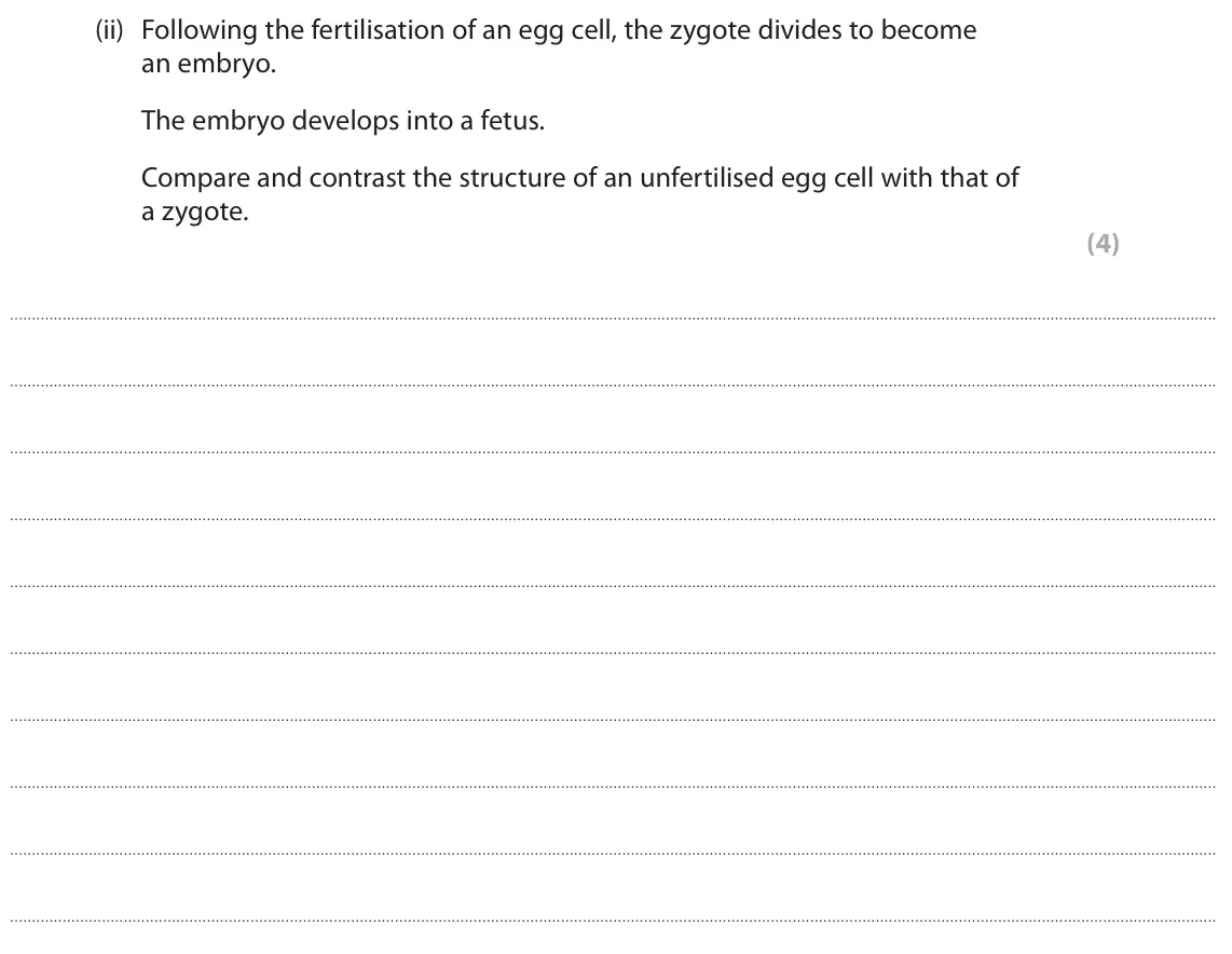 June 2023 AS Paper 2, question 8(a)(ii): Following the fertilisation of an egg cell, the zygote divides to become an embryo. The embryo develops into a fetus. Compare and contrast the structure of an u