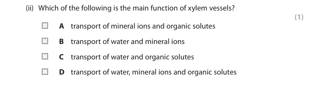June 2024 AS Paper 2, question 1(a)(ii): Which of the following is the main function of xylem vessels? (1) A transport of mineral ions and organic solutes B transport of water and mineral ions C transp