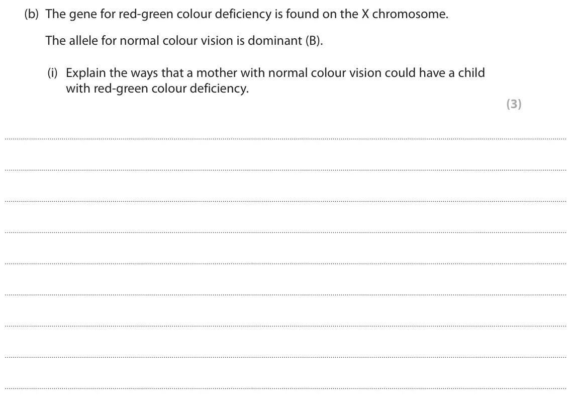 June 2024 AS Paper 2, question 3(b)(i): Explain the ways that a mother with normal colour vision could have a child with red-green colour deficiency. (3)