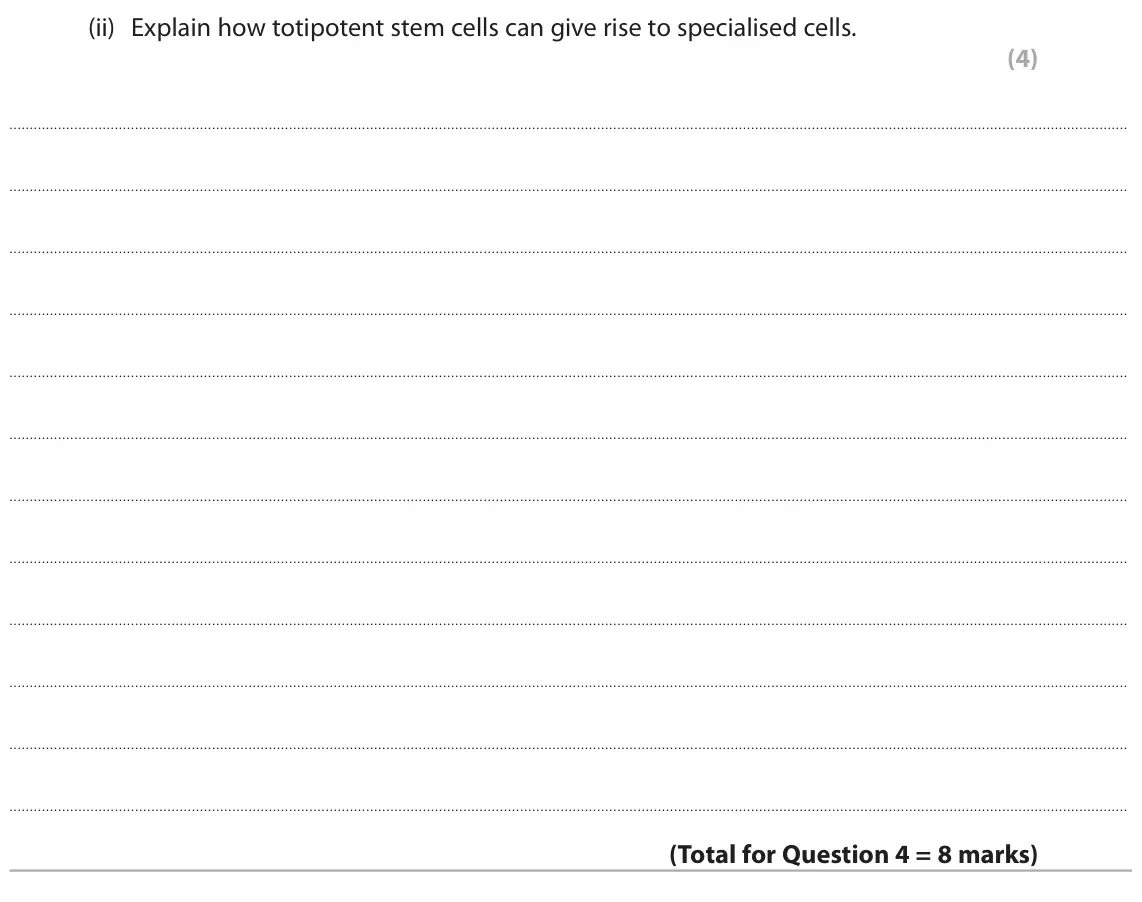 June 2024 AS Paper 2, question 4(b)(ii): Explain how totipotent stem cells can give rise to specialised cells. (4)