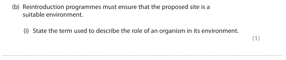 June 2024 AS Paper 2, question 5(b)(i): State the term used to describe the role of an organism in its environment. (1)