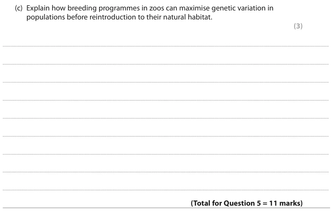 June 2024 AS Paper 2, question 5(c): Explain how breeding programmes in zoos can maximise genetic variation in populations before reintroduction to their natural habitat. (3)