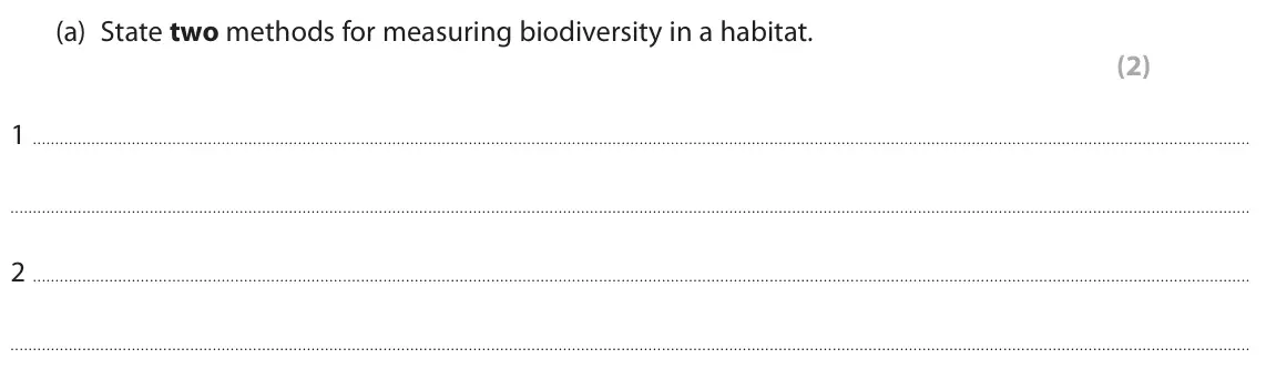 June 2024 AS Paper 2, question 8(a): State two methods for measuring biodiversity in a habitat. (2) 1 2