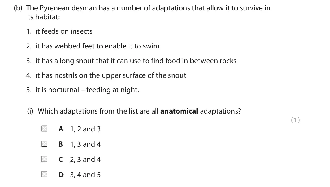 June 2025 AS Paper 2, question 2(b)(i): Which adaptations from the list are all anatomical adaptations? (1) A 1, 2 and 3 B 1, 3 and 4 C 2, 3 and 4 D 3, 4 and 5