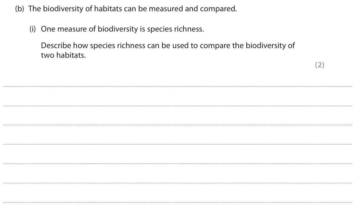 June 2025 AS Paper 2, question 4(b)(i): One measure of biodiversity is species richness. Describe how species richness can be used to compare the biodiversity of two habitats. (2)