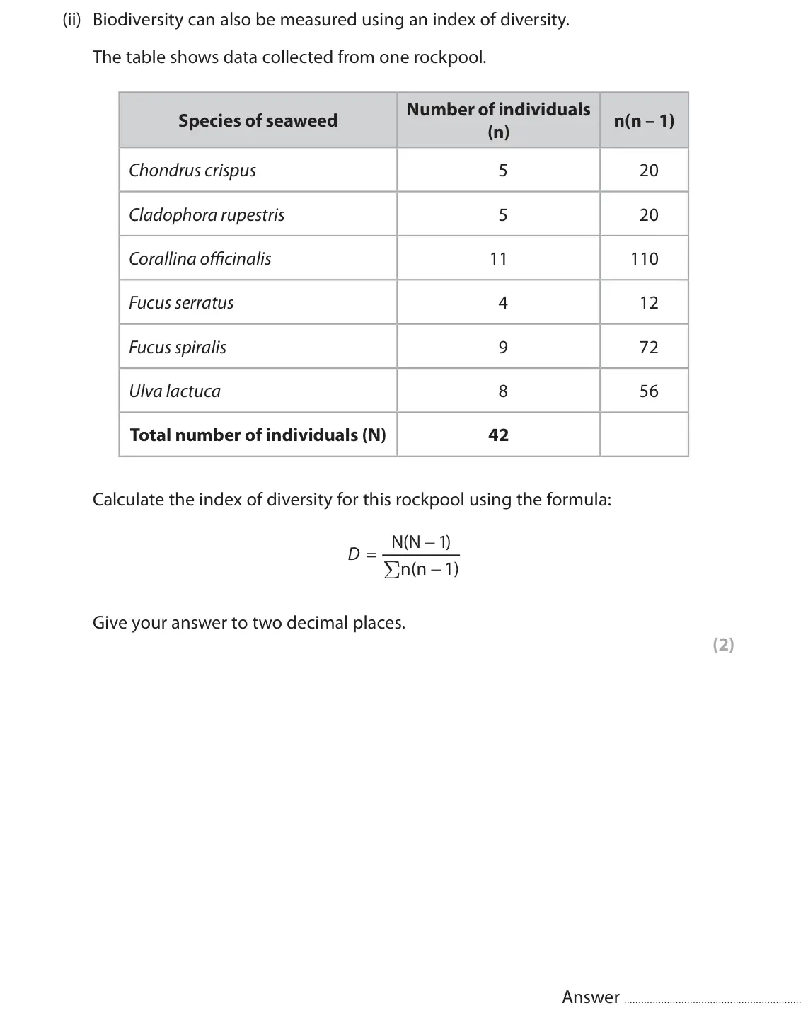 June 2025 AS Paper 2, question 4(b)(ii): Biodiversity can also be measured using an index of diversity. The table shows data collected from one rockpool. Number of individuals Species of seaweed n(n – 