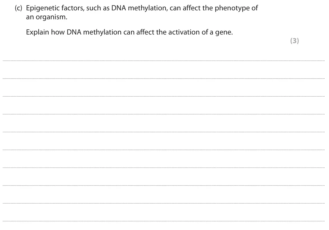 June 2025 AS Paper 2, question 6(c): Epigenetic factors, such as DNA methylation, can affect the phenotype of an organism. Explain how DNA methylation can affect the activation of a gene. (3)
