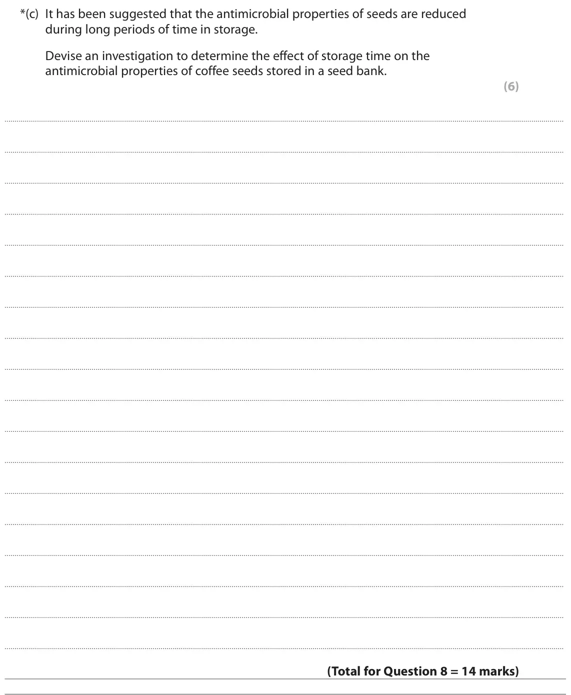 June 2025 AS Paper 2, question 8(c): It has been suggested that the antimicrobial properties of seeds are reduced during long periods of time in storage. Devise an investigation to determine the ef