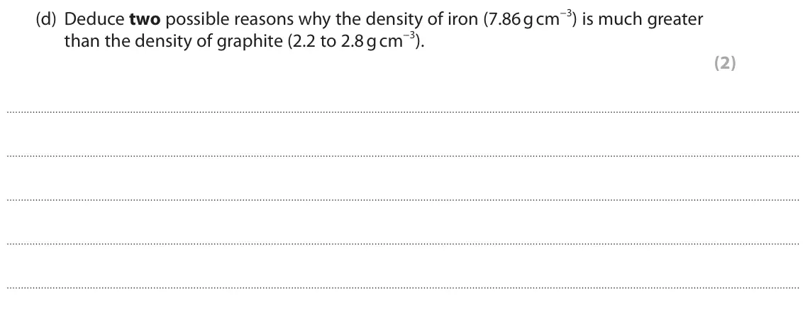 June 2019 AS Paper 1, question 8(d): Deduce two possible reasons why the density of iron (7.86 g cm−3) is much greater than the density of graphite (2.2 to 2.8 g cm−3). (2)