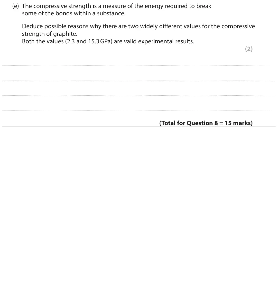 June 2019 AS Paper 1, question 8(e): The compressive strength is a measure of the energy required to break some of the bonds within a substance. Deduce possible reasons why there are two widely dif
