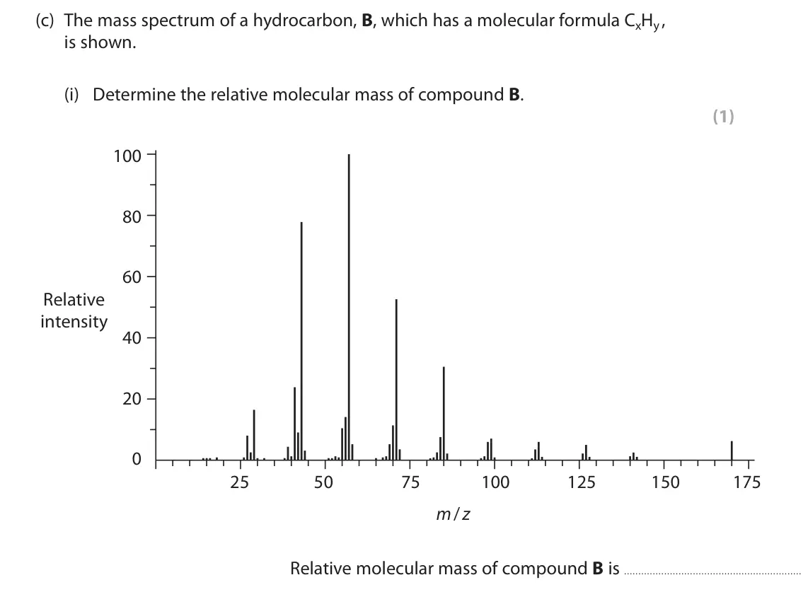June 2022 AS Paper 1, question 4(c)(i): Determine the relative molecular mass of compound B. (1) 100 80 60 Relative intensity 40 20 0 25 50 75 100 125 150 175 m / z Relative molecular mass of compound