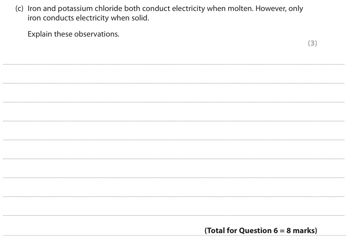 June 2022 AS Paper 1, question 6(c): Iron and potassium chloride both conduct electricity when molten. However, only iron conducts electricity when solid. Explain these observations. (3)