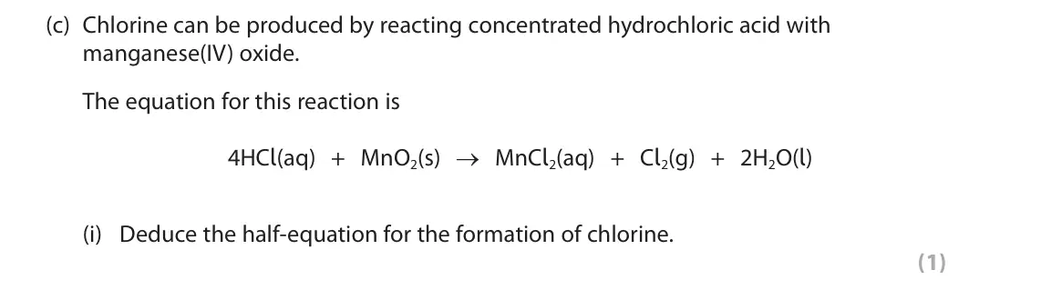 June 2022 AS Paper 1, question 8(c)(i): Deduce the half‑equation for the formation of chlorine. (1)