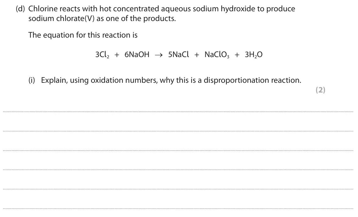 June 2022 AS Paper 1, question 8(d)(i): Explain, using oxidation numbers, why this is a disproportionation reaction. (2)